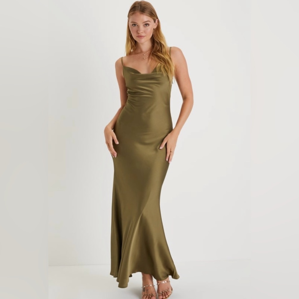 Lulus Sophisticated Approach Olive Satin Dress